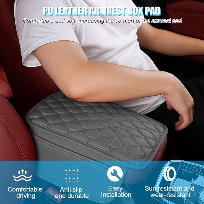 Car Center Console Cover, Leather Vehicle Armrest Cover Cushion with 2 Storage Bags, Automotive Interior Arm Rest Seat Box Pad Accessories, Universal for SUV Sedan Truck (Grey)