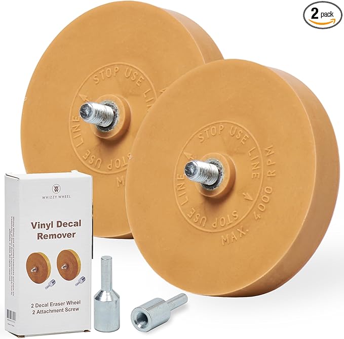 Wonder Wheel Decal Remover Eraser for Drill – 2 Pack Rubber Eraser Wheels for Easy Vinyl, Adhesive, and Sticker Removal – Durable, Safe on Cars, Boats, RVs – Dark Yellow, 4 Inch Diameter