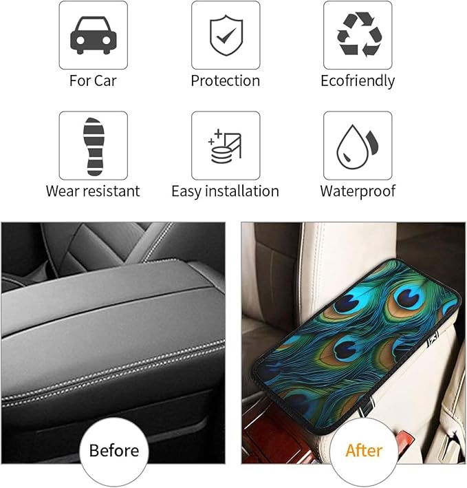 Peacock Feather Patterns Car Center Console Cover Universal Car Armrest Cover Waterproof Auto Armrest Seat Box Mat Protector Decoration Car Center Console Cushion Pad for Most Vehicle SUV Truck