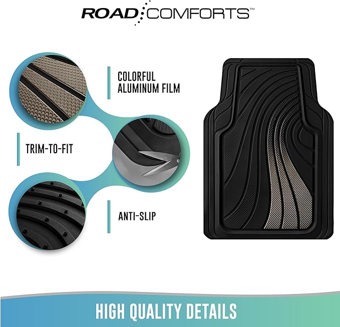 Road Comforts Car Floor Mats Full Set – Front & Rear Car Floor Mats with Aluminum Design, Anti-Slip Backing, All-Weather Protection, Trim-to-Fit Car Mats for Most Sedans, SUVs & Vans - Grey