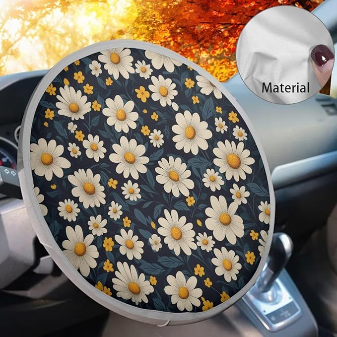 Daisy Steering Wheel Fashion Sunshade for Women Fashion Vehicle Steering Wheel Heat Reflector for SUV Vehicle Sedan Truck Gift for Holiday