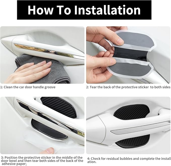 4 PCS Car Door Handle Scratch Protector Sticker, 3D Black Carbon Fiber Anti-Scratches Car Door Handle Cup Protector, Universal Device Fit for Most Cars