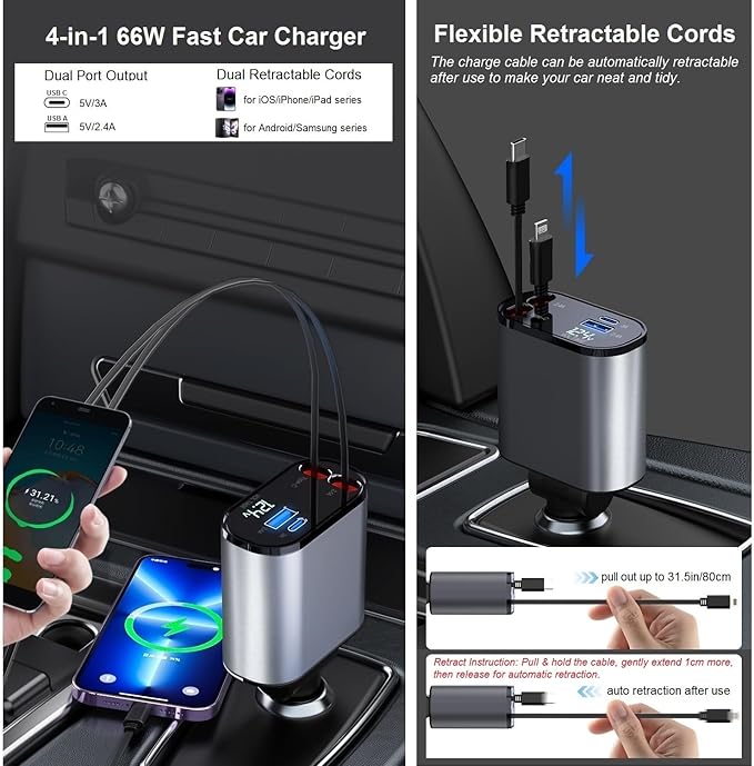 Retractable Car Charger - 4-in-1 Fast Car Phone Charger USB C and Lightning Cords 66W Cigarette Lighter Chargers Adapter for iPhone 15 14 13 12 Pro Max iPad Android Galaxy S24 S23 Pixel Tablet