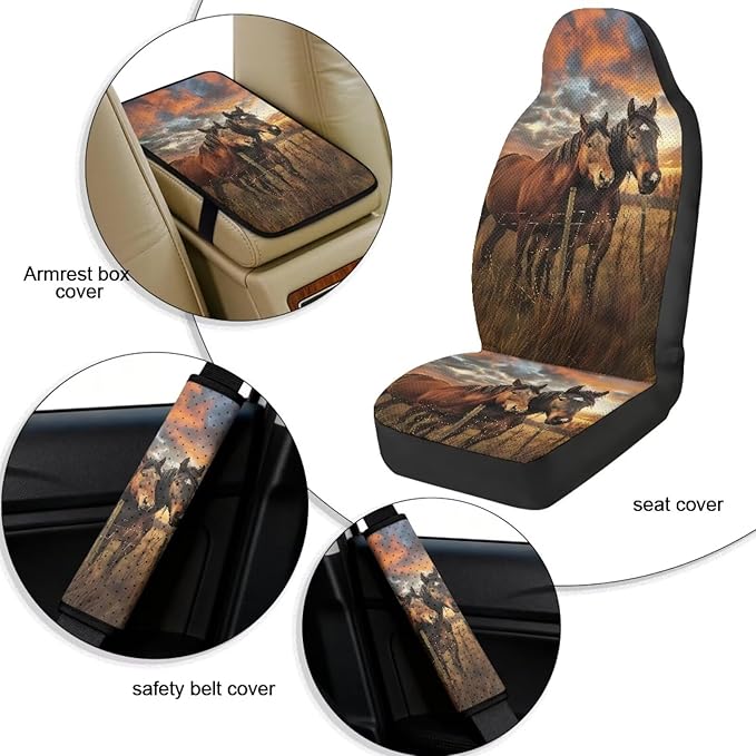 Qeluxign Sunset Horses Air Mesh Car Seat Covers & Accessories 5-Piece Set 2 Seat Covers, 2 Shoulder Belt Pads, 1 Console Pad PU Leather Car Interior Set for Women