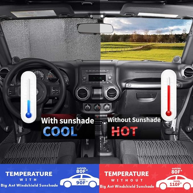 Big Ant Windshield Sun Shade,Car Window Sunshade as Bonus,Best Car Sun Shade Folded Front Window Shade Sun Visor Shield Shade Keeps Vehicle Cool-Black(55" x 27.5")