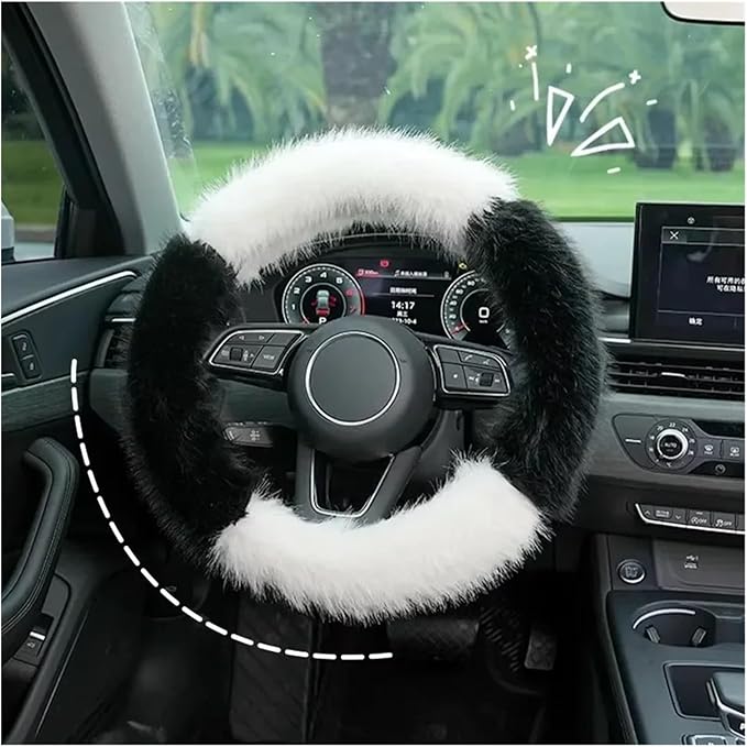 Car Steering Wheel Cover Handlebar Cover for Girls Winter Plush Warm Non-Slip Simple Women's Pink Handlebar Cover(Plush Double Black)