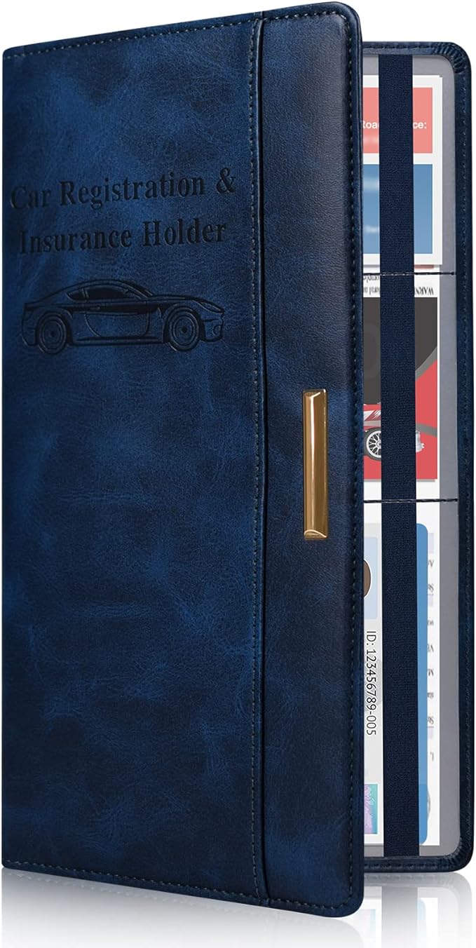 Car Registration and Insurance Holder Vehicle Glove Box Organizer Leather Car Document Holder for Driver's License, ID, Key Information Cards with Elastic Band Closure, Blue