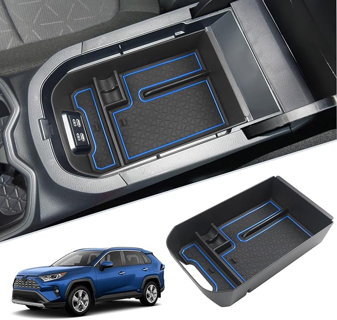 SKTU for 2020 2021 2022 2023 2024 2025 Toyota RAV4 Center Console Organizer 2023 2024 2025 RAV4 Accessories Tray Armrest Box Glove Secondary Storage Box with Coin Holder (Blue)