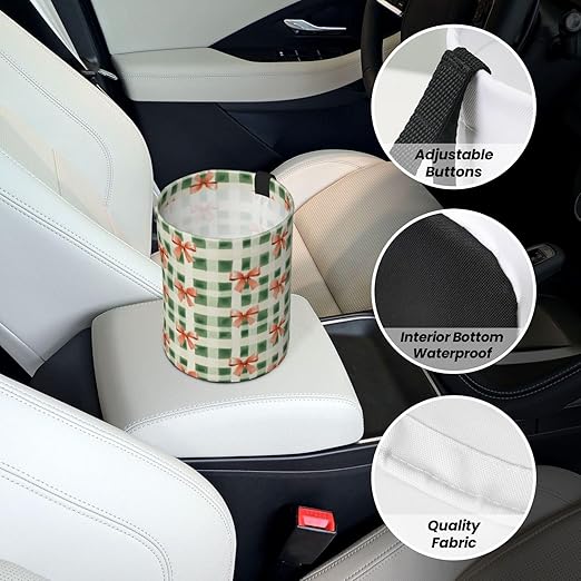 Green Plaid Red Bow Car Trash Can Leak-Proof Waterproof Hanging Trash Bin Collapsible Garbage Can for Car Accessories Travelling Camping
