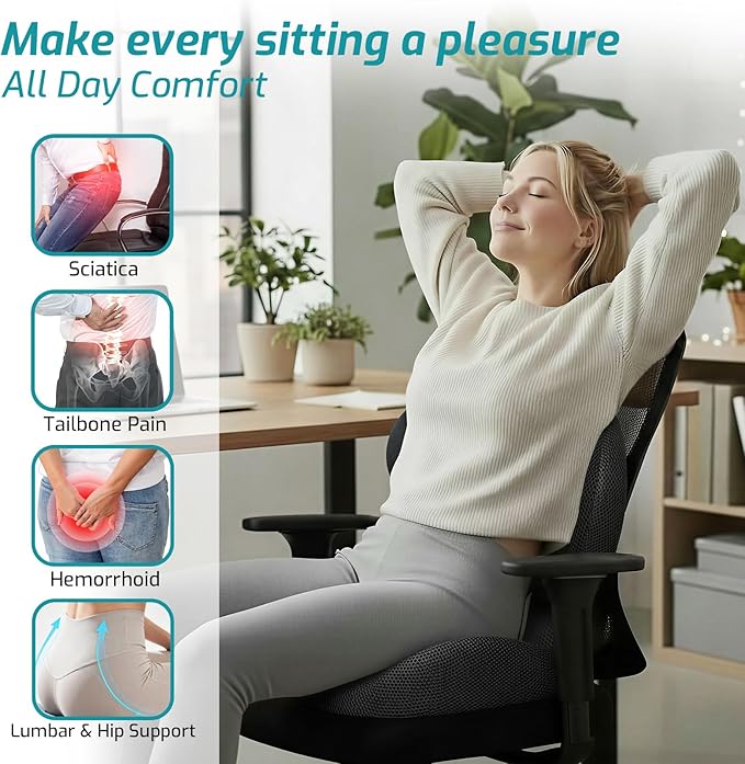 Memory Foam Seat Cushion,Office Chair Cushion with Lumbar Support,L-Shape Ergonomic Cushions with Strap,Non-Slip Sciatica,Hemorrhoids, Tailbone Pain Relief for Office Workers,Driver (Black+Ice Silk)
