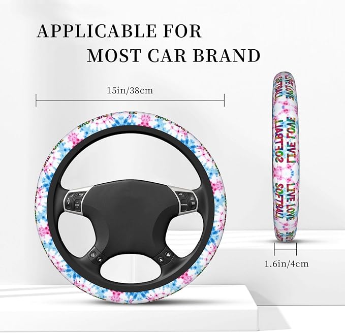 Live-Love-Softball Tie Dye Neoprene Steering Wheel Covers Women Men Car Accessories, Universal 15 Inch Fit Auto, Suvs, Truck