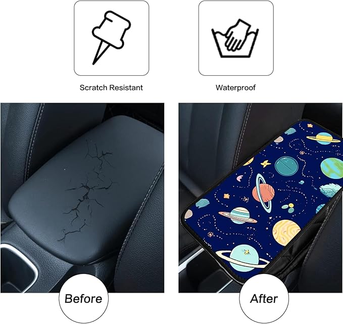 JANENFNA Car Armrest Cover Pads Universal Fashion Cute Auto Center Console Armrest Cover Pad with 2PCS Car Coasters Soft Waterproof Car Armrest Seat Protector for Women,Planets Stars