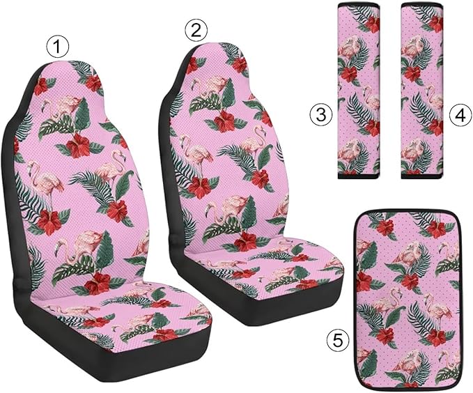 Qeluxign Car Seat Covers Full Set Flamingo Tropical Floral Universal Fit Auto Front Seat Covers and Seatbelt Pads Armrest Cushion Gifts for Women Protect Your Car Interior