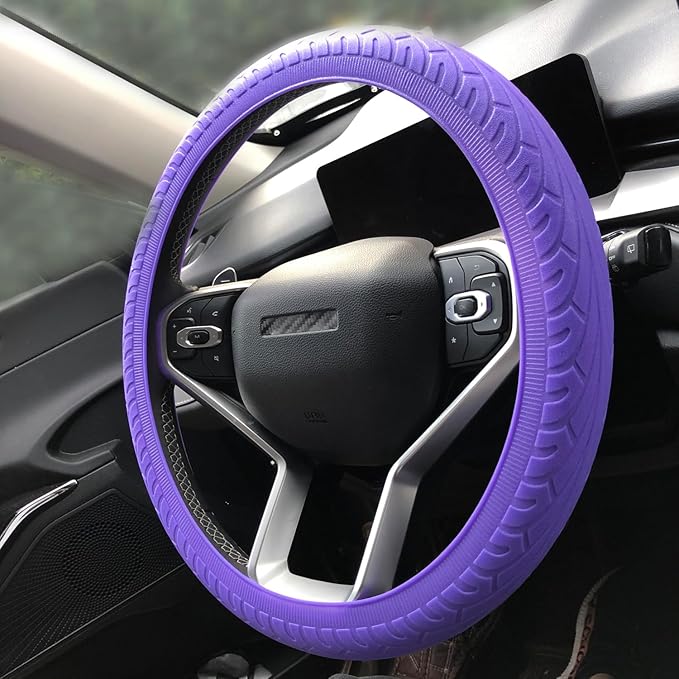 Universal Purple Steering Wheel Cover：13.5 to 15 Inches Stretchable Silicone Anti Skid Steering Wheel Protector Fit for Most Car Models Including Round D Shape or Special Shape