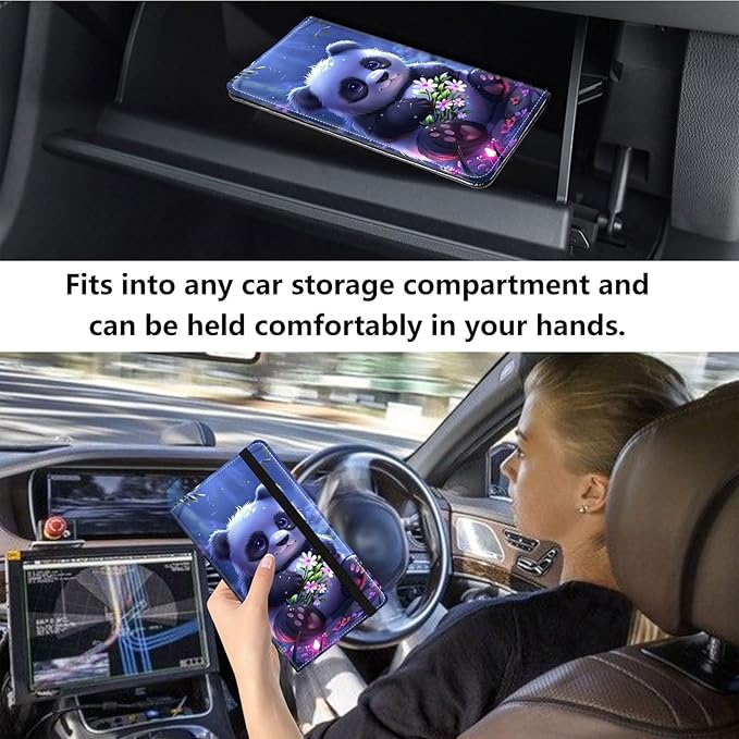 Qindaiwen Car Registration and Insurance Holder, Vehicle Card Document Elastic Band Closure Glove Box Organizer, Driver License Cards, Car Accessories for Essential Info, Lovely Panda