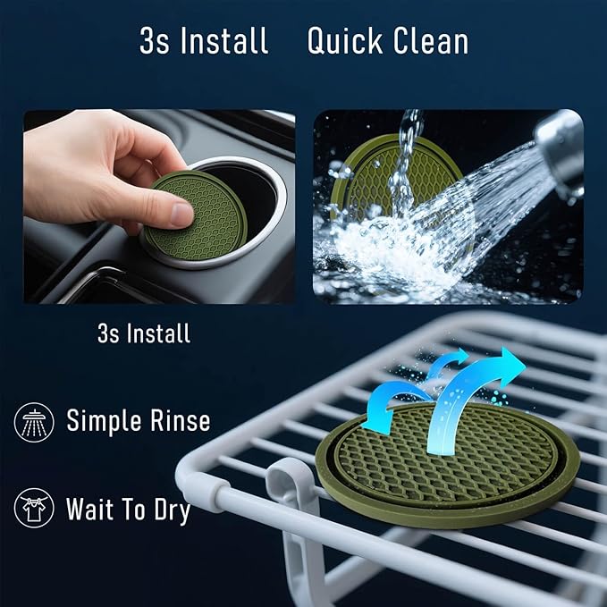 KULOLO Car Cup Holder Coaster 4 Pack - Non Slip & Shockproof,Flexible PVC Rubber Insert for Car/Truck/SUV/VAN (2.75"x0.2") Universal Fit Auto Cup Holders Accessories for Women and Man (Blackish Green)
