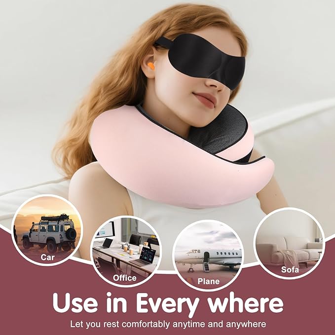 Vietora Eud Travel Neck Pillow, Memory Foam Neck Support for Airplane, Car & Office, Breathable Portable Design with Eye Mask, Earplug Holder & Carry Bag, Holiday Gift for Christmas & New Year