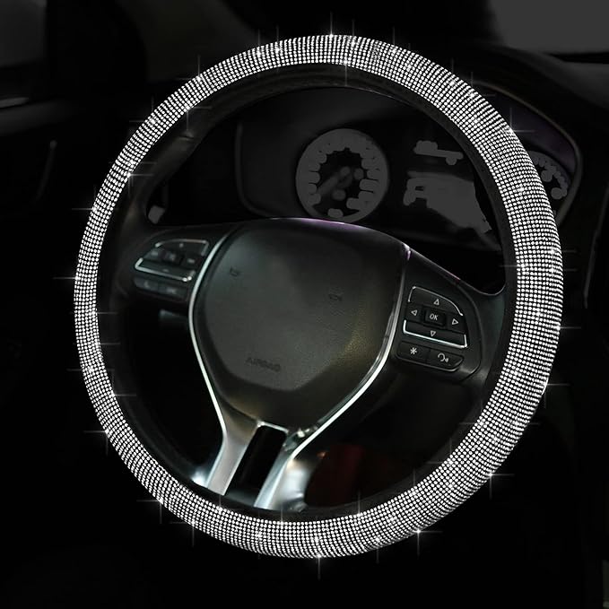 Diamond Car Steering Wheel Cover, Crystal Rhinestone Steering Cover, 15 inch Anti-Slip Steering Wheel Protector for Women & Girls, Easy Installation & Cleaning (Bling Crystal)