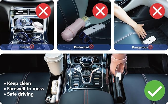 LELOYMO Car Seat Gap Filler Organizer,2 Pack Car Leather Cup Holder Gap Bag,Car Seat Storage Box with Cup Holder Expander,Car Organizer Front Seat for Holding Phone, Glasses, Keys, Cards (Black)
