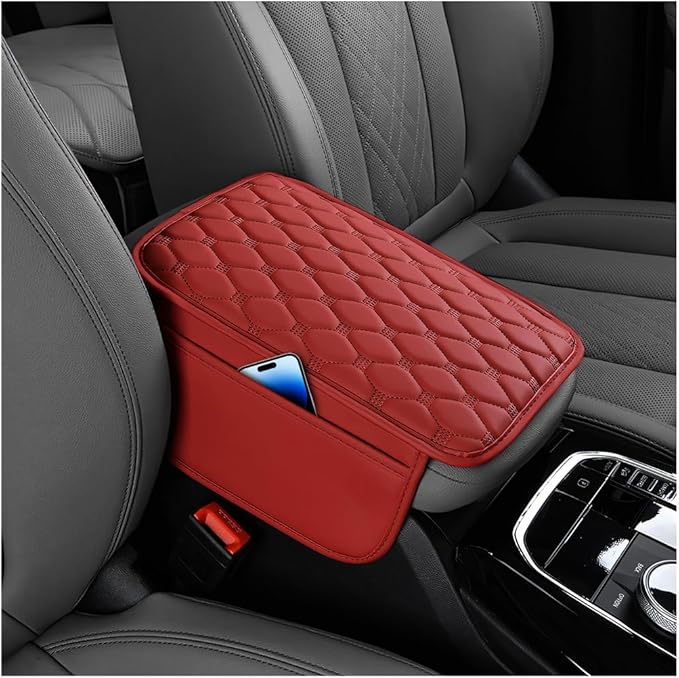 Car Center Console Cover, Leather Vehicle Armrest Cover Cushion with 2 Storage Bags, Automotive Interior Arm Rest Seat Box Pad Accessories, Universal for SUV Sedan Truck (Wine Red)