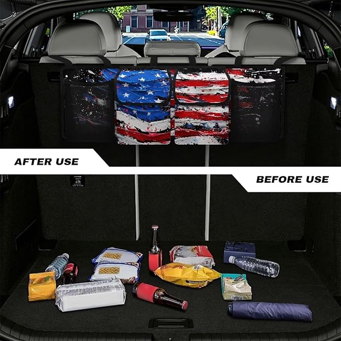 American Flag Print Car Trunk Organizer and Storage, Backseat Hanging Organizer for SUV, Truck, Collapsible Cargo Storage Bag with 4 Pockets, Car Interior Accessories for Men and Women