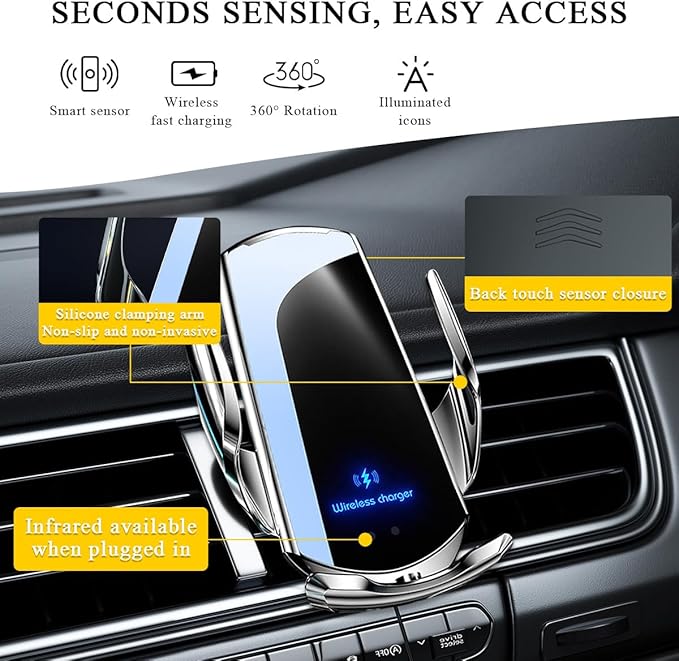Wireless Car Charger Mount, 15W Automotive Electric Wireless Charger Holder, Car Air Vent Mount Bracket Fast Charging for Most Smartphone, Universal Car Accessories (Silver)
