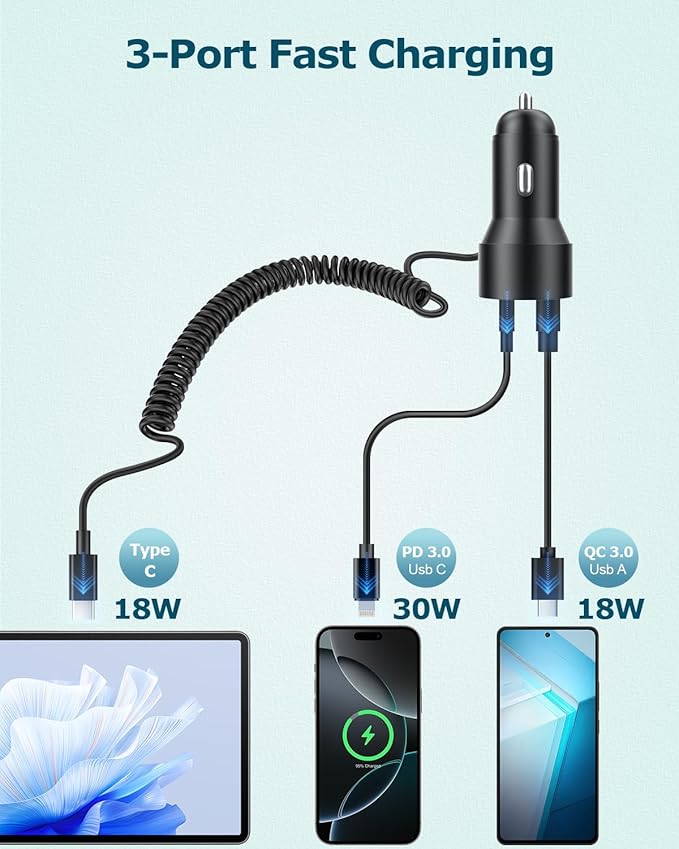 66W Car Charger for iPhone 17/16 Pro Max,PD & QC3.0 Super Fast Car Adapter with 5FT USB C Coiled Cable for iPhone 17/16/15 Pro Max,iPhone 17 Air,iPad Pro,Samsung Galaxy S25/S24/S23,Pixel 10,Android