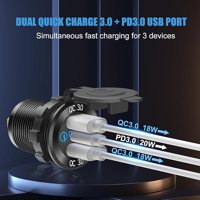 12V USB Aluminum Car Charger Socket PD 3.0 Type C and Dual Quick Charge 3.0 USB Port Multiple Waterproof 12V/24V USB Outlet with Touch Switch Fuse Wire Kit for Car Boat Marine RV Motorcycle, etc.