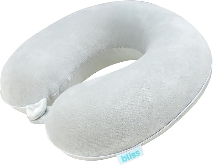 Bliss Neck Pillow - Lightweight U-Shaped Memory Foam Travel Neck Pillow with Snap Closure for Airplanes, Traveling, Offices, Cars, Grey Fleece