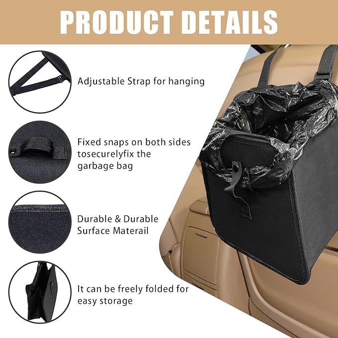 Car Trash Can, Oxford Cloth Foldable Auto Trash Bin Hanging, 1.85 Gallon Capacity Garbage Bag Organizer, Leak-Proof Waterproof Automotive Storage Container, Car Interior Accessories (Large)