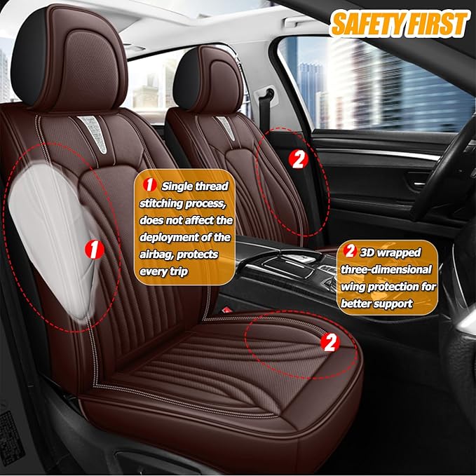Car Seat Covers for 2 Seats - Nappa Leather 3D Foam Back Support, Super Breathable, All Season Car Seat Cushion with Storage Bags, Universal Fit for Most Cars, Colour- Coffee Brown