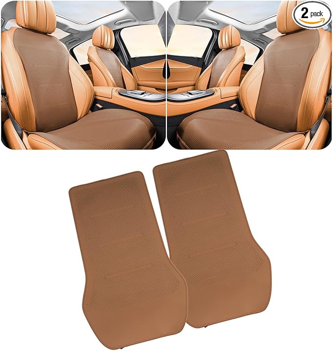 ontto 2 PCS Car Seat Back Lumbar Cushions for Driving Universal Car Seat Protector with Buckle Fixing,Non-Slip Backing Will Not Leave Imprint,Ventilated PU Leather Seat Mat,Light Brown