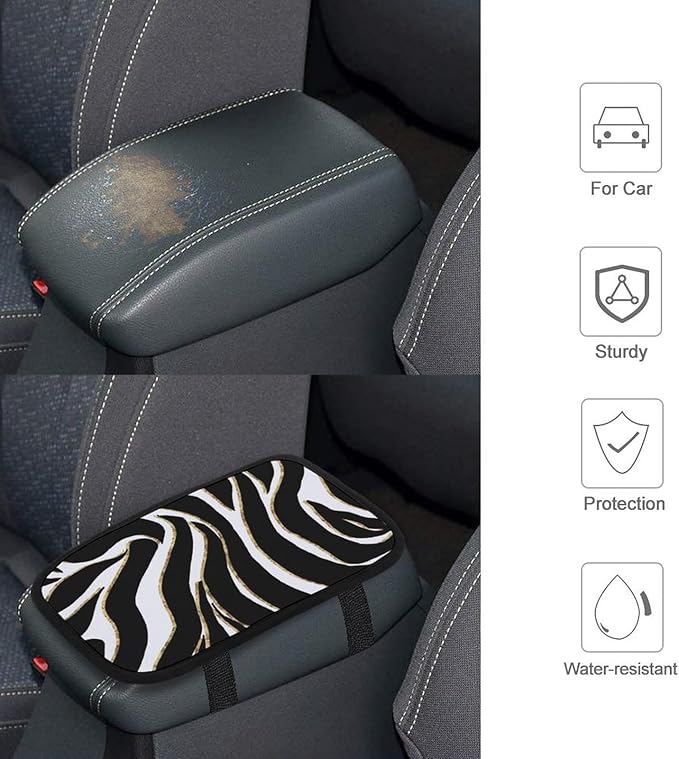 Black Gold Zebra White Animal Print Car Center Console Cushion Pad,Waterproof Armrest Seat Box Cover Protector,Comfortable Car Decor Accessories Fit for Most Cars, Vehicles, SUVs