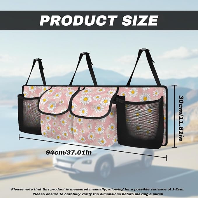 CLOHOMIN Daisy Car Trunk Organizer for Sedan Truck SUV Pink Auto Trunk Mesh Storage Easy to Install Car Rear Seat Hanging Storage Bag Auto Accessories