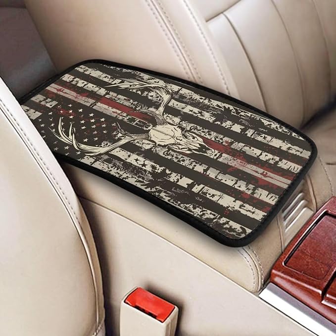 American Flag Print Car Center Console Cushion Pad, Vintage Elk Hunting Universal Armrest Seat Box Cover Protector,Comfortable Cars Accessories Fit for Most SUV Truck Van Vehicles, SUVs