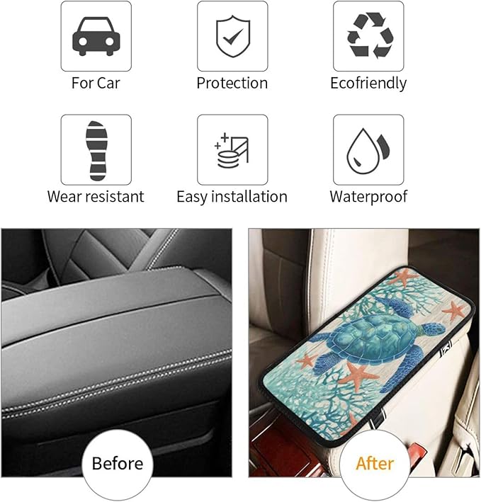 Sea Turtle Center Console Cover Pad, Nautical Starfish Coral Car Armrest Seat Box Cover Cushion Universal for Most Vehicle SUV Truck, Car Interior Accessories Decor, Protect from Pet Claws & Dirt