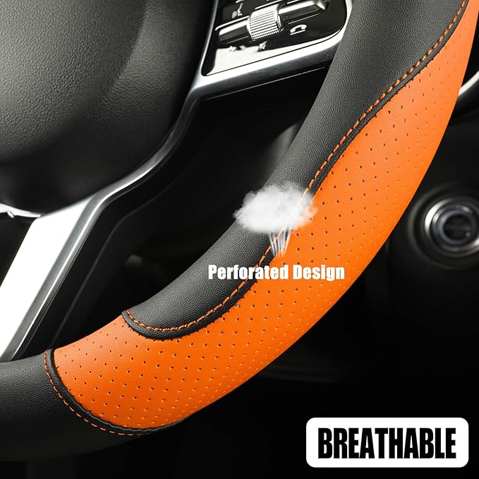 Binsheo Microfiber Leather D Shaped Steering Wheel Cover, Breathable, Anti Slip, Universal 15 inch, Black with Orange
