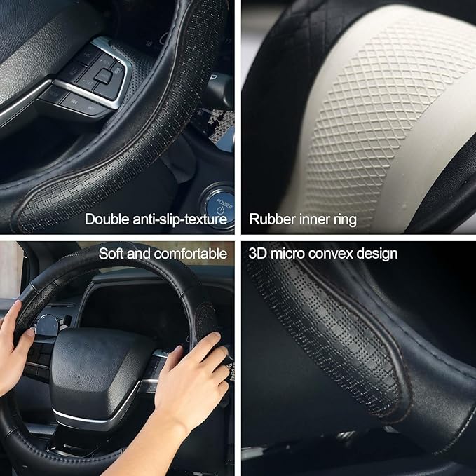 KAFEEK Genuine Leather Steering Wheel Cover 15 inches, Pure Cowhide Steering Wheel Cover Men Women, Car Accessories for Car SUV Truck, Black