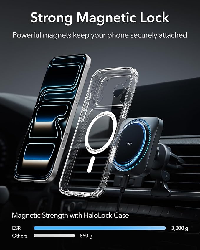 ESR for MagSafe Car Mount Charger with CryoBoost, Phone Cooling MagSafe Car Charger, Magnetic Wireless Car Charging, Air Vent/Dashboard Car Phone Holder for iPhone 17e/17-12, S26/S25, Fast Charging