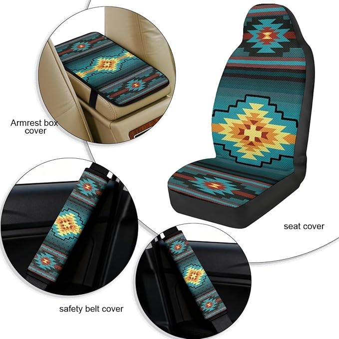 FUSURIRE Abstract Geometry Print Car Seat Cover Set with Center Console Armrest Covers Cushion and Seat Belt Shoulder Straps Pad 5pcs PU Car Accessories for Truck Sedan SUV
