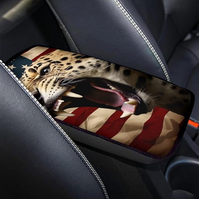 Car Center Console Pad, Universal Waterproof Car Armrest Seat Box Cover, Car Interior Accessories for Most Vehicle SUV Truck Vintage American Flag Leopard Car Armrest Pad