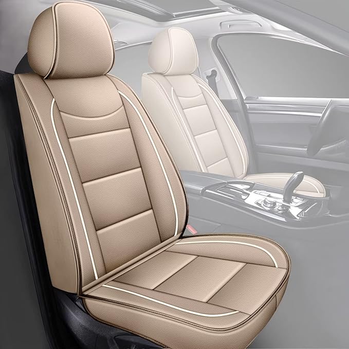 YORKNEIC Leather Car Seat Covers Fit for Hyundai Tucson 2010-2025: 5 Seats Full Set Seat Covers - Waterproof Auto Seat Protector Compatible Airbag (Beige)