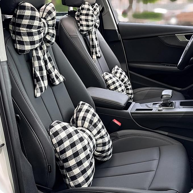 Car Accessories Plaid Bow Headrest Lumbar Pillow 4PCs Set Cotton Linen Elegant Soft Car Seat Cushions for Daily Commuting Trave (Black Plaid,headrest+Lumbar Pillow 2pcs)