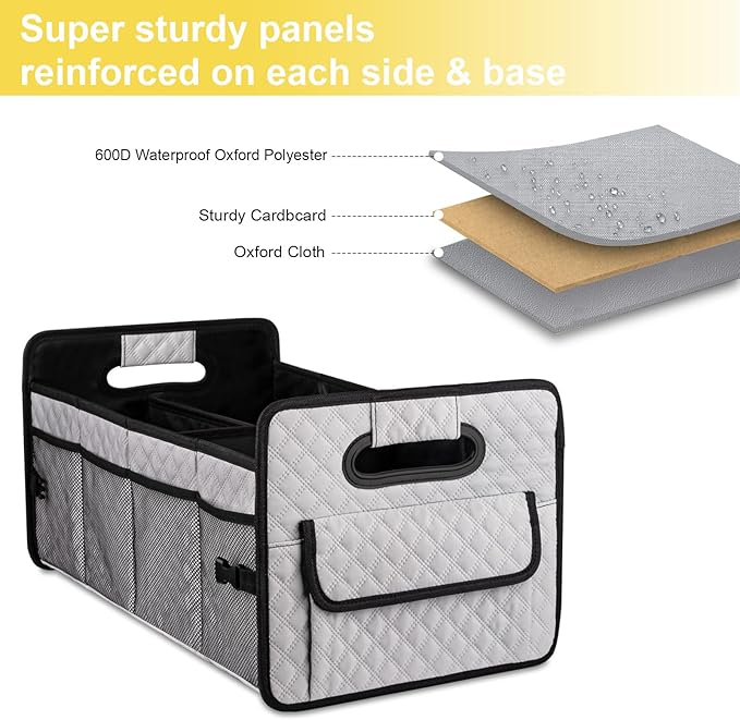 JiatuA Car Trunk Organizers and Storage for SUV, Collapsible Multi Compartment Container Box Adjustable Car Accessories for Women Men, Light Grey