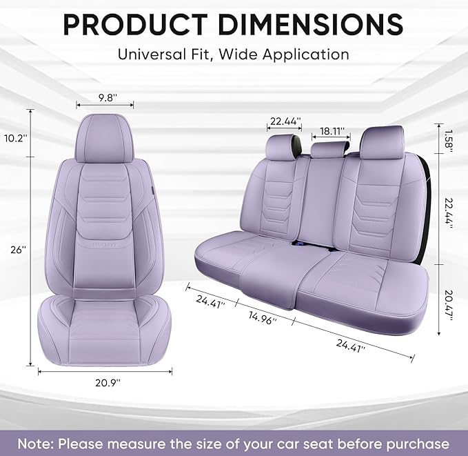 TIEHESYT Leather Car Seat Covers Full Set with Lumbar Support, Waterproof Car Seat Cover, Universal Seat Covers for Cars, Trucks, SUVs, Sedans, Airbag Compatible, Front Pair and Rear, Purple