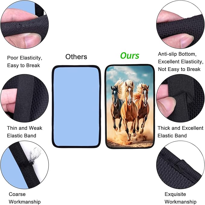 JANENFNA Car Armrest Cover Pads Universal Fashion Cute Auto Center Console Armrest Cover Pad with 2PCS Car Coasters Soft Waterproof Car Armrest Seat Protector for Women,Free Wild Horses Running