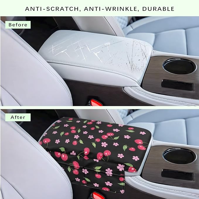 Dreaweet Cherry Print Arm Rest Cover for Car Women Black Thick Center Console Cover Pad with Pockets Cute Car Accessories Anti-Scratch Armrest Cover for Cars SUV Sedan
