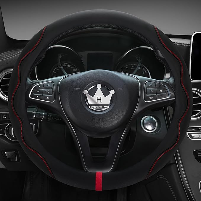 Luxury Suede Steering Wheel Cover for Cars, Soft Leather Padded Wheels Cover for F150, Trucks, Jeep, Van, Auto Thin Large Car Handle Cover, Universal Fit, Anti Slip, 15.2-16in, Black