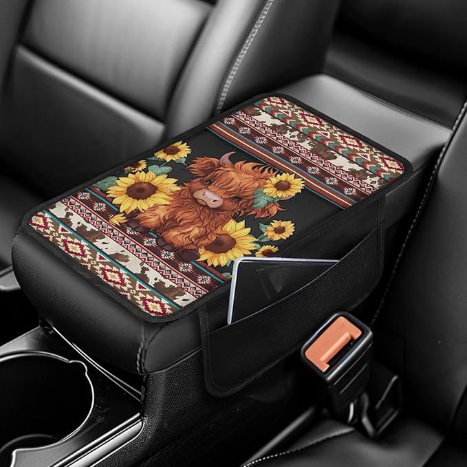 Boatee Cow Sunflower Automotive Armrests Universal Arm Rest Cover for Car Navajo Center Console Pad with 2 Storage Bags Car Console Organizer Car Interior Decor Auto Interior Protection Brown