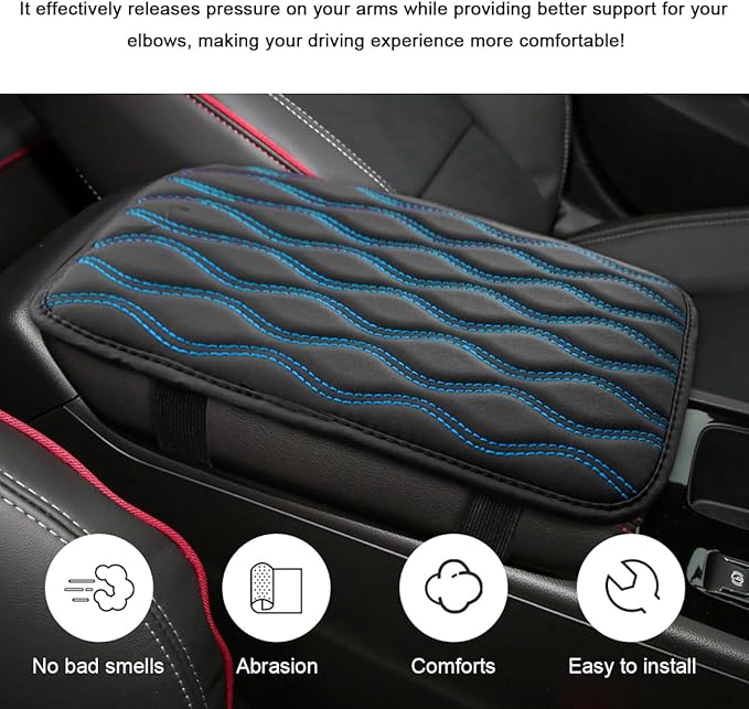 Car Center Console Pad, Waterproof Leather Armrest Seat Box Cover Protector, Non-Slip Middle Console Cushion Pad Interior Decor Fits Most Vehicles, Car Accessories (Black & Blue)